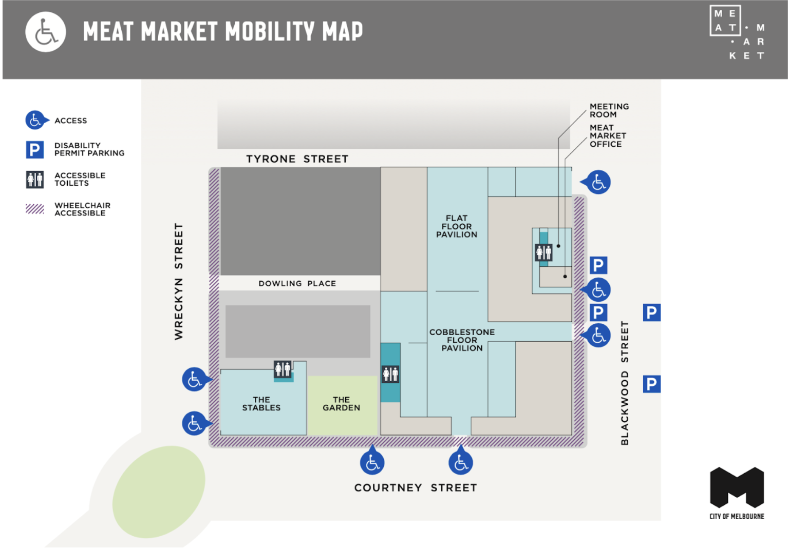 Image description: A pdf image of Meat Market Mobility Map showing a floorplan with accessible toilets located within the Meat Market building. This map can be downloaded via this link. Image ends.